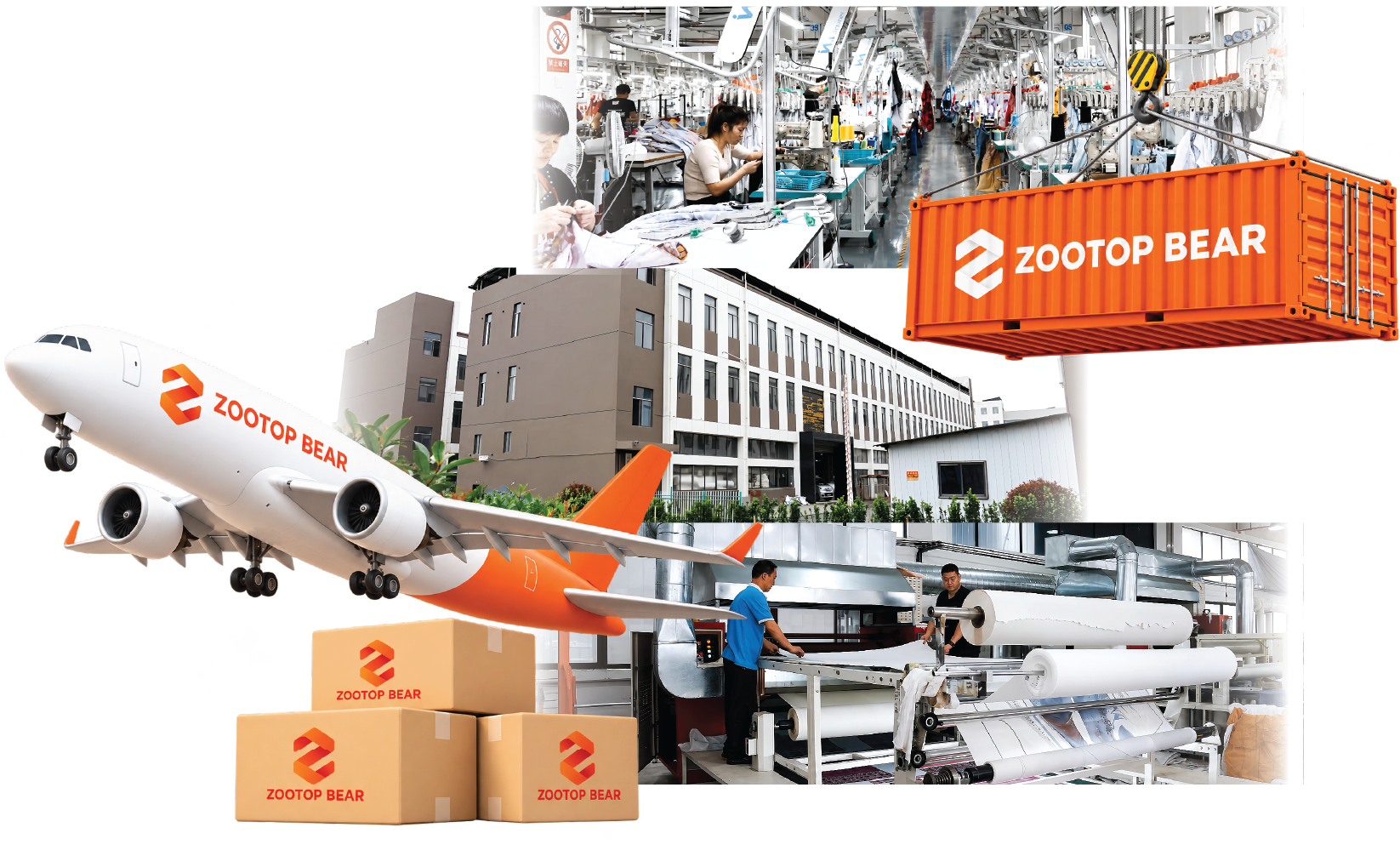 Illustration: a seller's design printed onto t-shirts, mugs and other POD products in a Zootop Bear factory